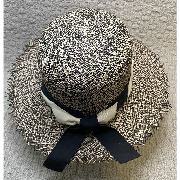 Brenda Lynn Black Beige Wide Brim Straw Hat OS Ribbon Trim Fringe